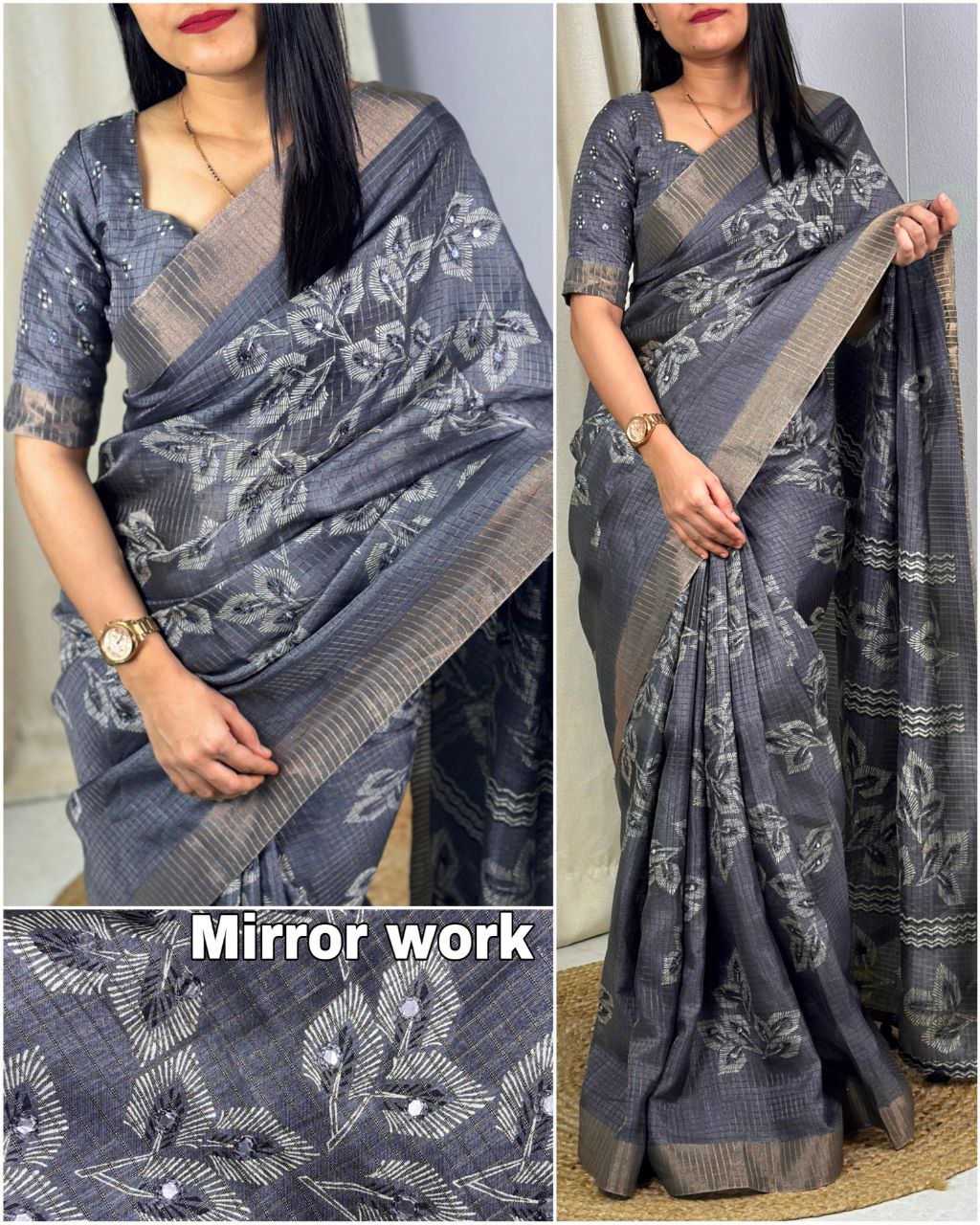 Muslin Cotton Zari Jacquard Checkered Saree with Tassels & Gotta Patti Mirror Work