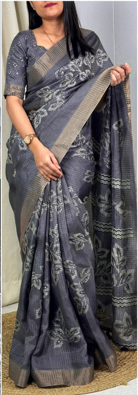 Muslin Cotton Zari Jacquard Checkered Saree with Tassels & Gotta Patti Mirror Work