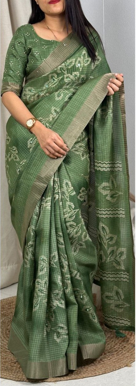 Muslin Cotton Zari Jacquard Checkered Saree with Tassels & Gotta Patti Mirror Work