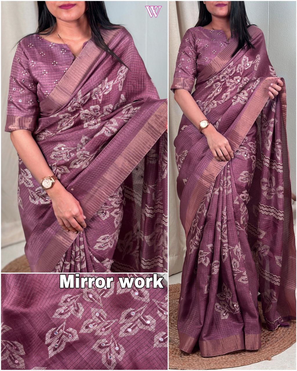 Muslin Cotton Zari Jacquard Checkered Saree with Tassels & Gotta Patti Mirror Work