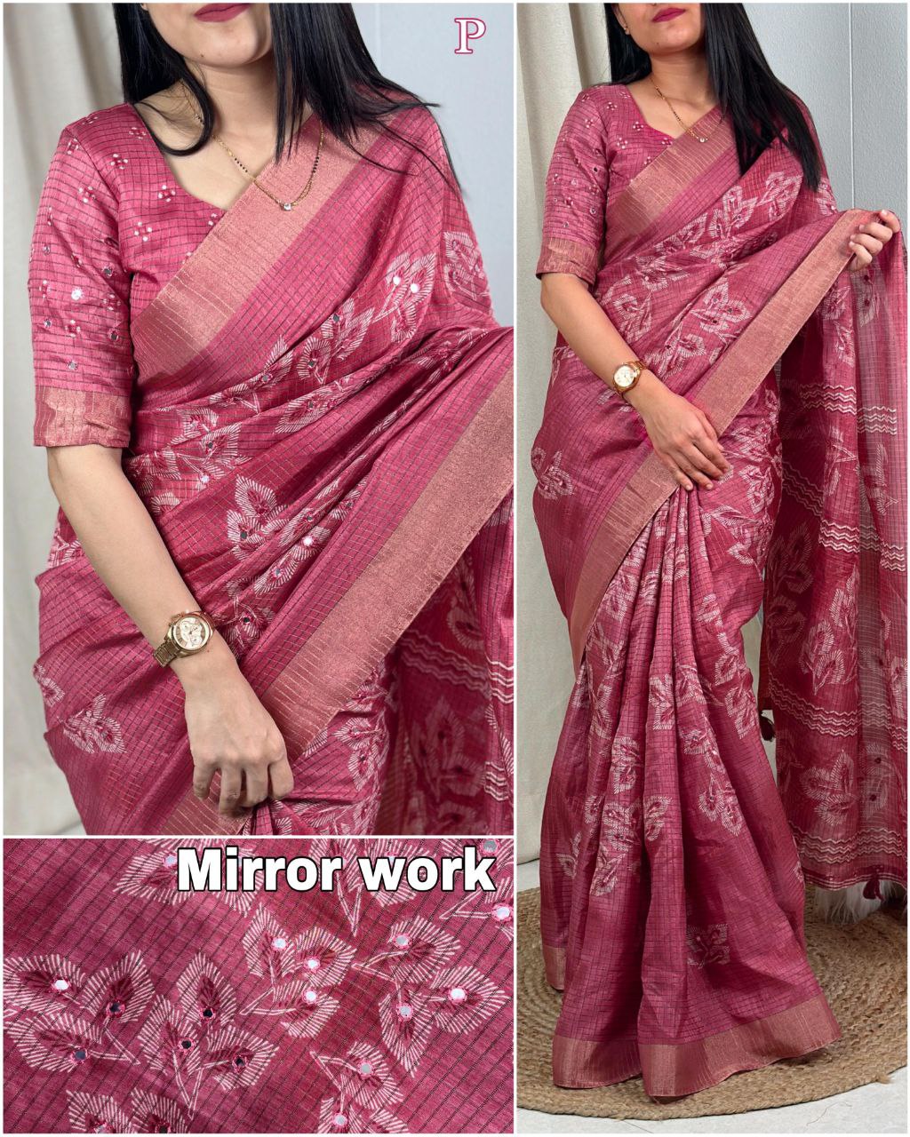 Muslin Cotton Zari Jacquard Checkered Saree with Tassels & Gotta Patti Mirror Work