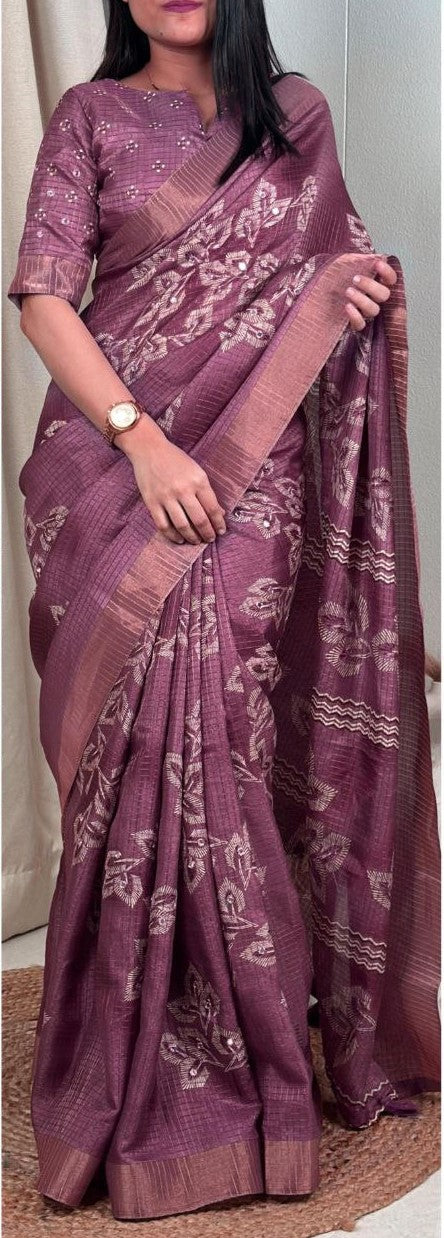 Muslin Cotton Zari Jacquard Checkered Saree with Tassels & Gotta Patti Mirror Work