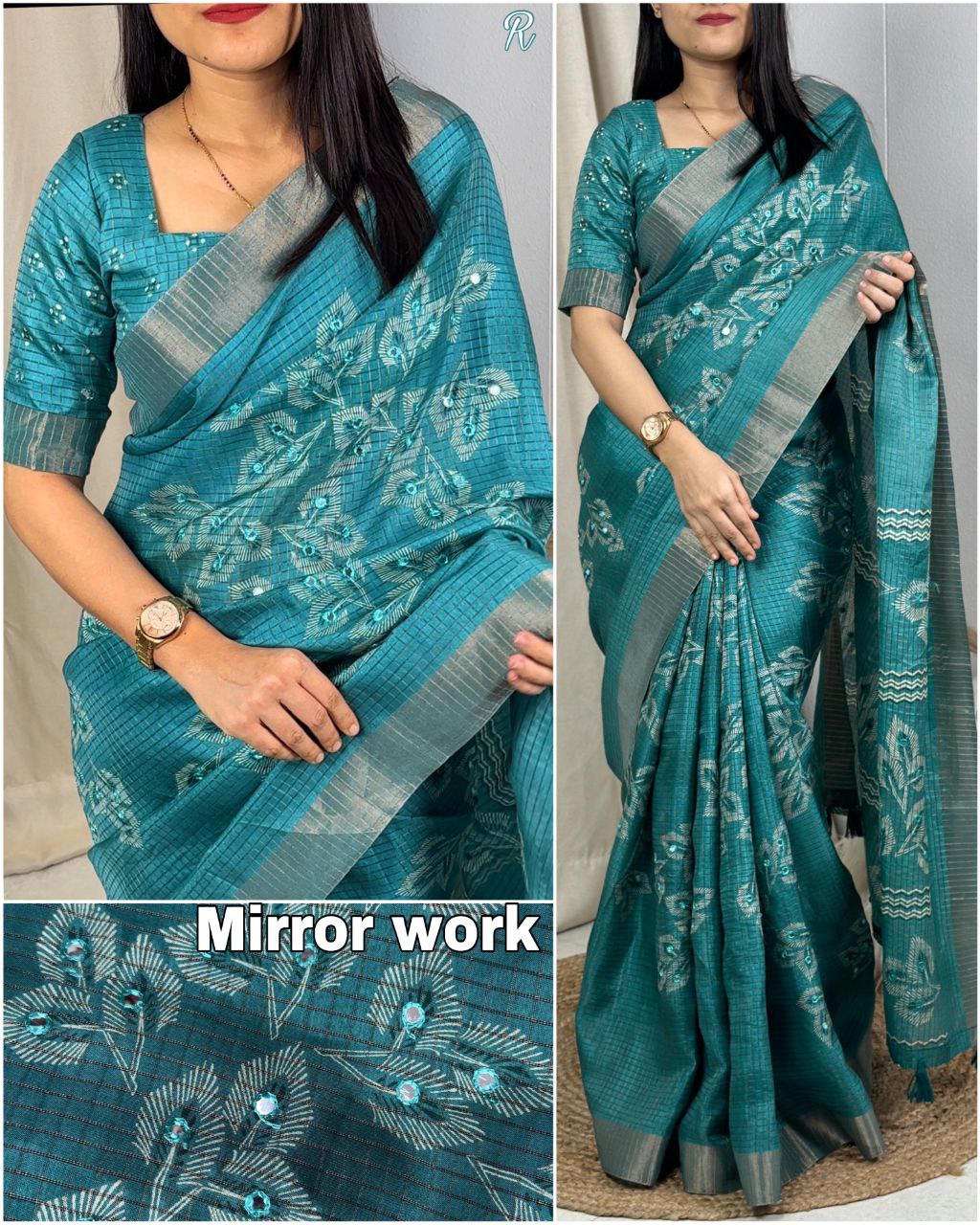 Muslin Cotton Zari Jacquard Checkered Saree with Tassels & Gotta Patti Mirror Work