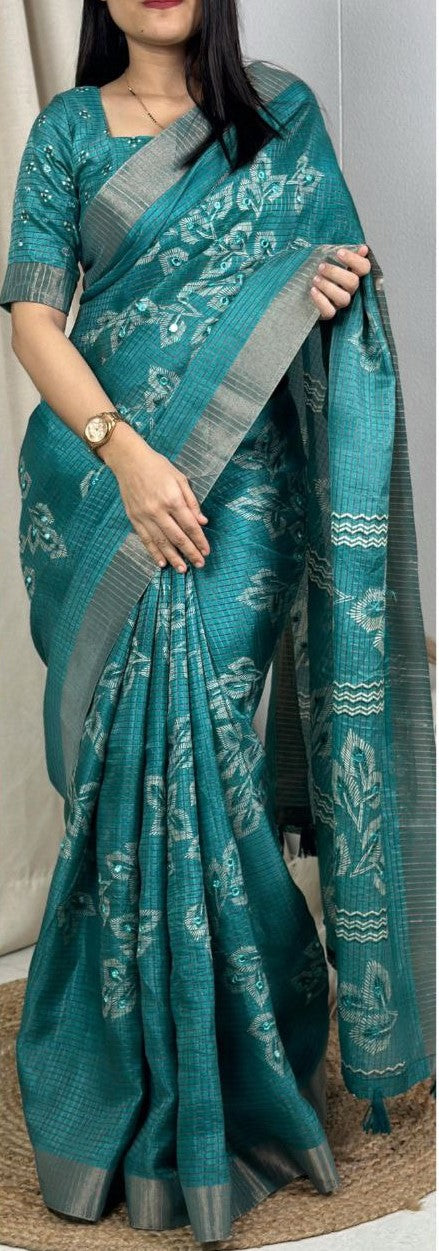 Muslin Cotton Zari Jacquard Checkered Saree with Tassels & Gotta Patti Mirror Work