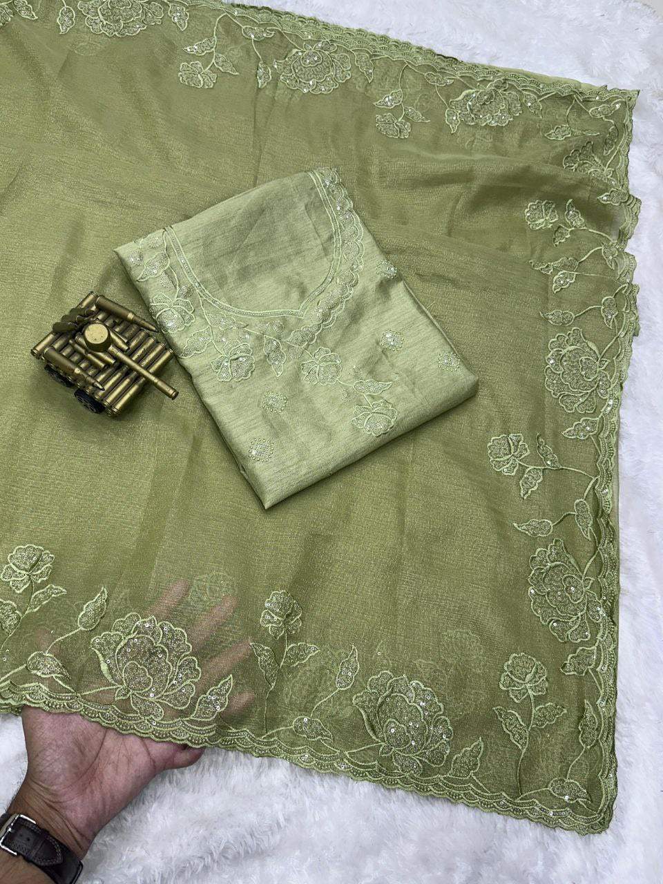 Elegant Multi-Thread Embroidered Jute Organza Saree with Sequins Work Blouse