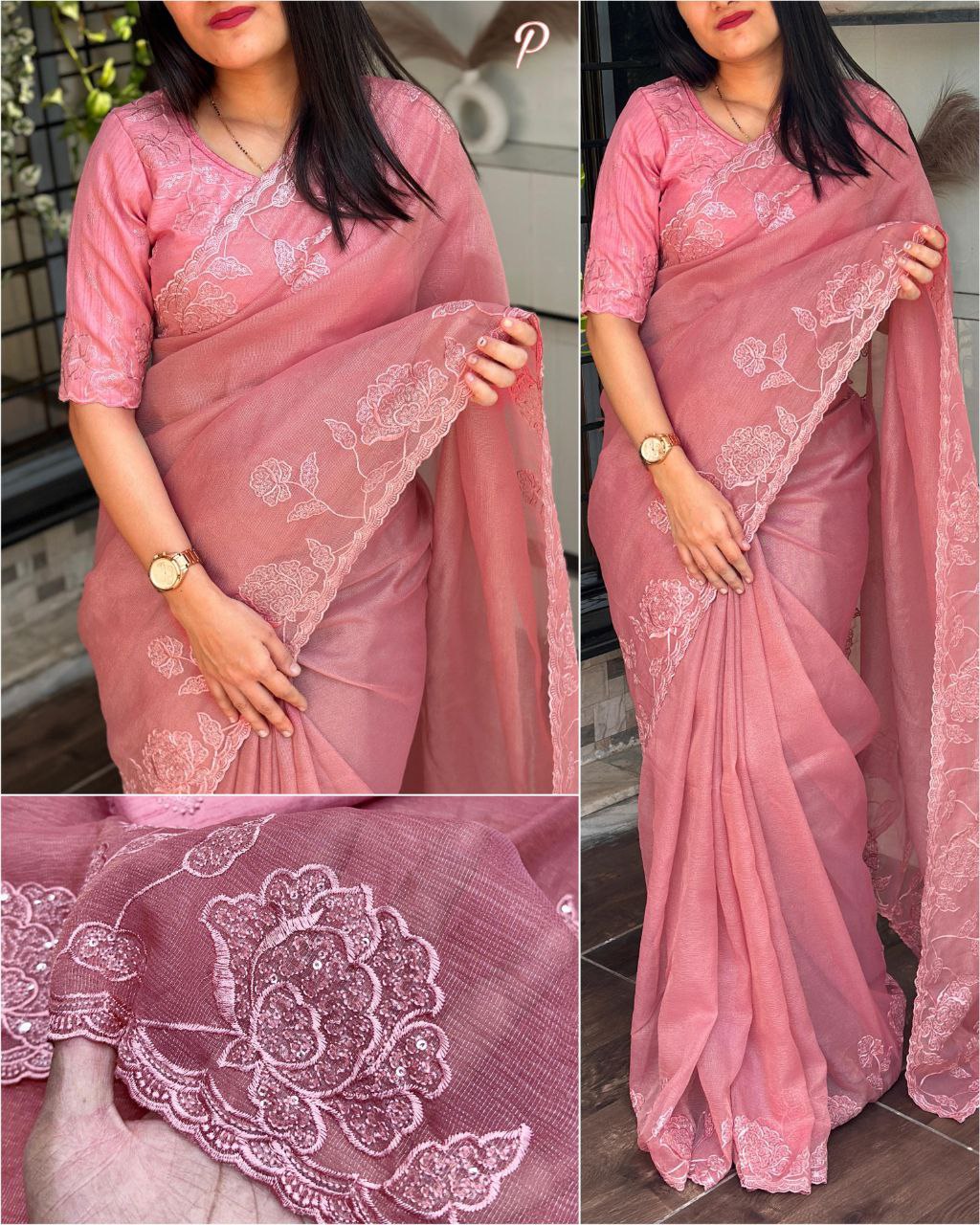 Elegant Multi-Thread Embroidered Jute Organza Saree with Sequins Work Blouse