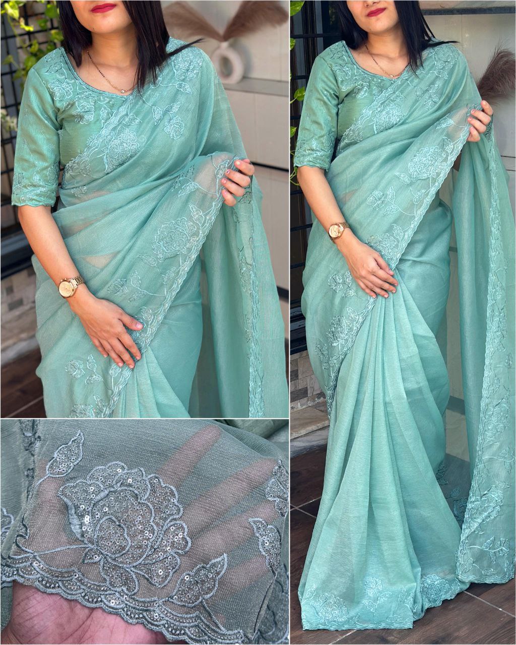 Elegant Multi-Thread Embroidered Jute Organza Saree with Sequins Work Blouse