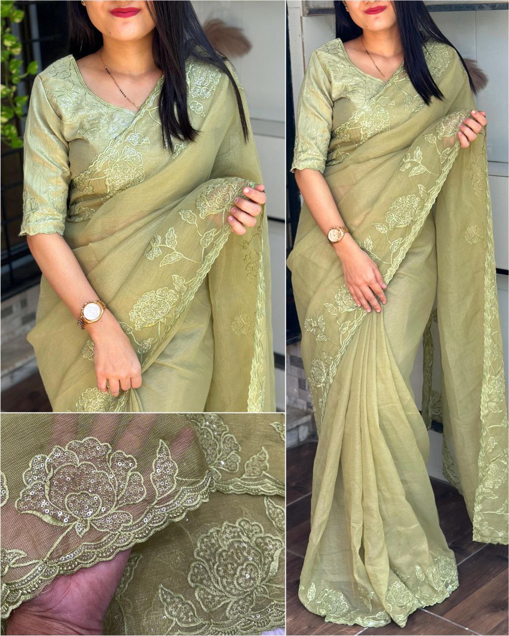 Elegant Multi-Thread Embroidered Jute Organza Saree with Sequins Work Blouse