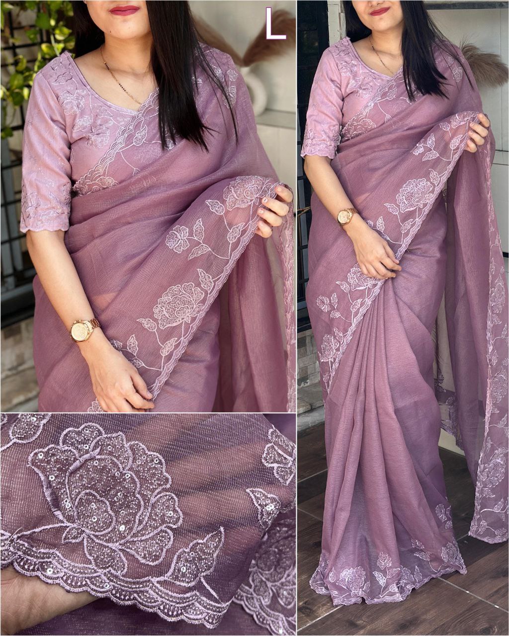 Elegant Multi-Thread Embroidered Jute Organza Saree with Sequins Work Blouse