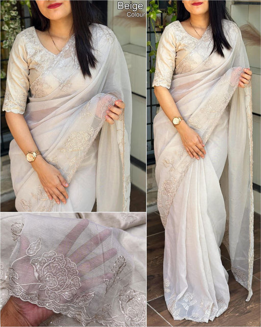 Elegant Multi-Thread Embroidered Jute Organza Saree with Sequins Work Blouse