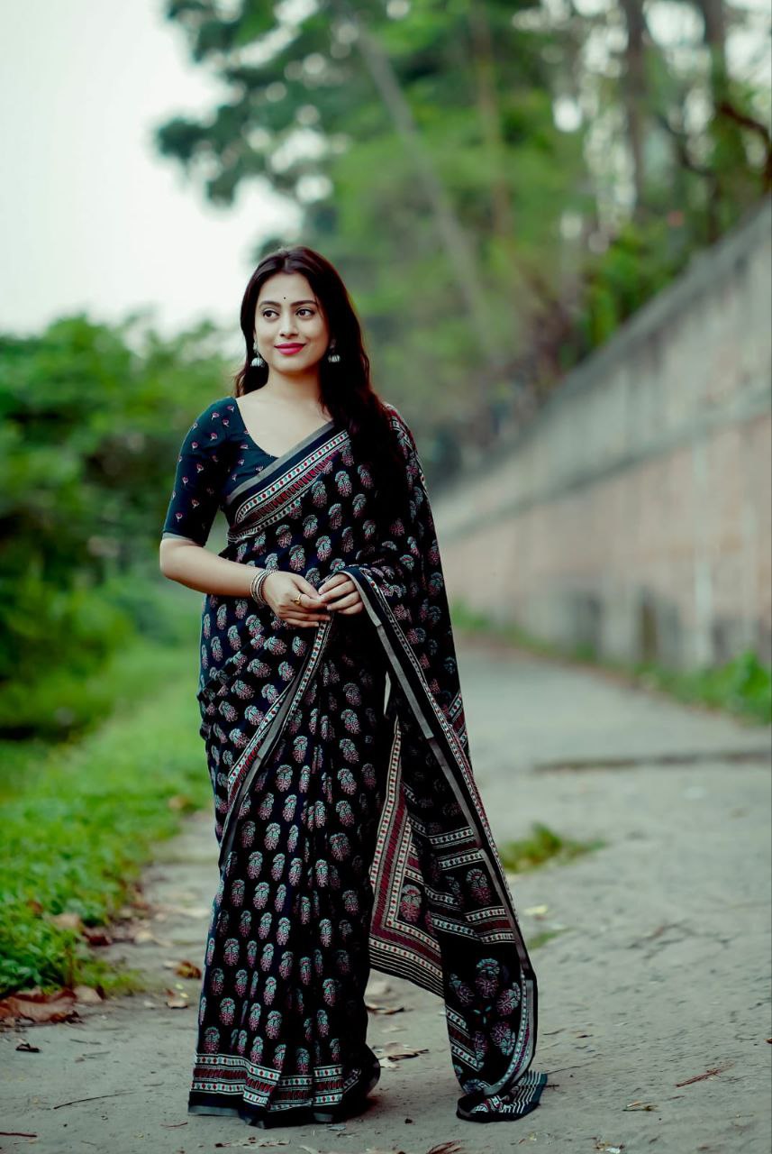 Ajrakh Style Printed Cotton Saree with Zari Woven Border & Running Cotton Blouse