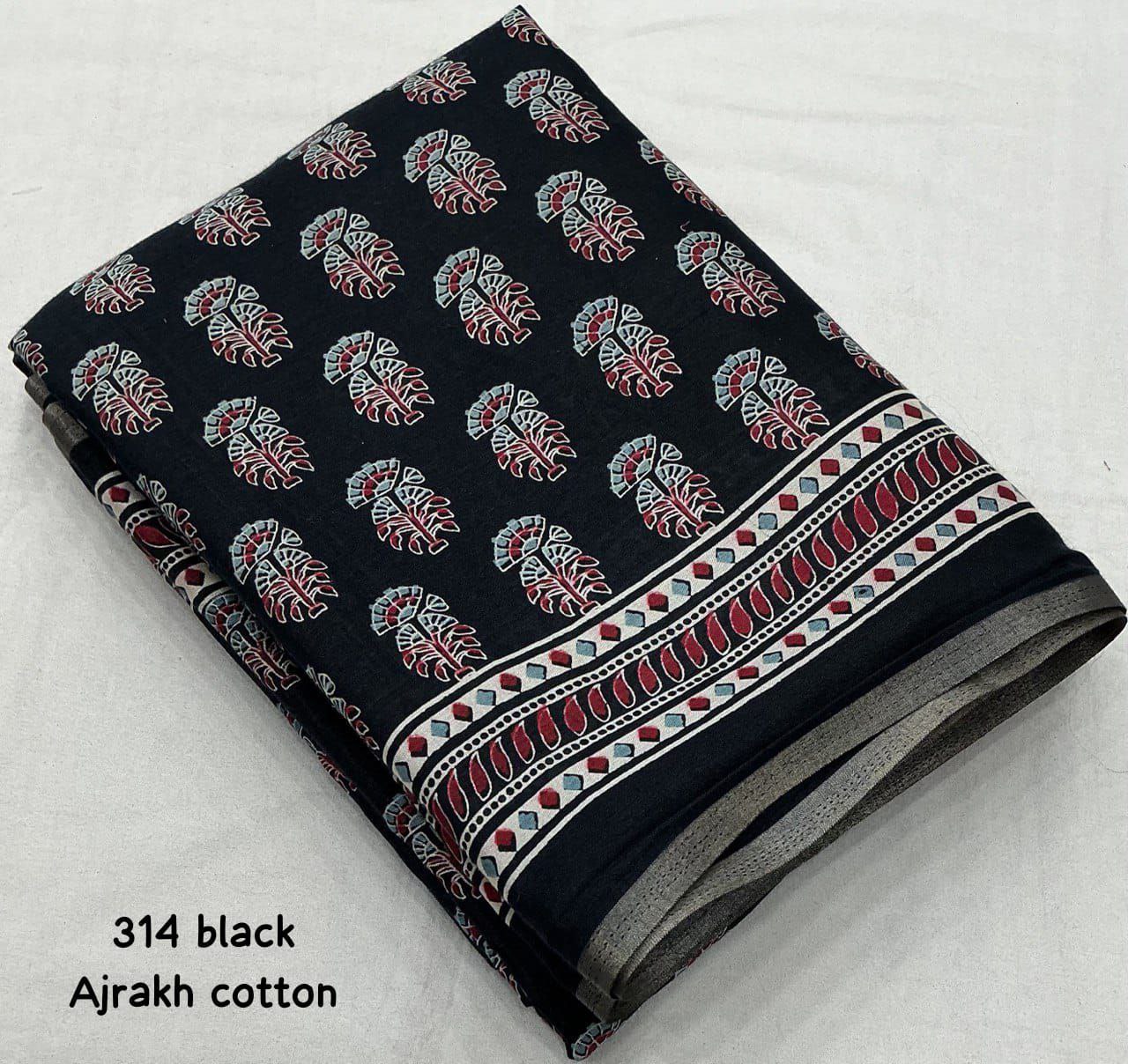 Ajrakh Style Printed Cotton Saree with Zari Woven Border & Running Cotton Blouse