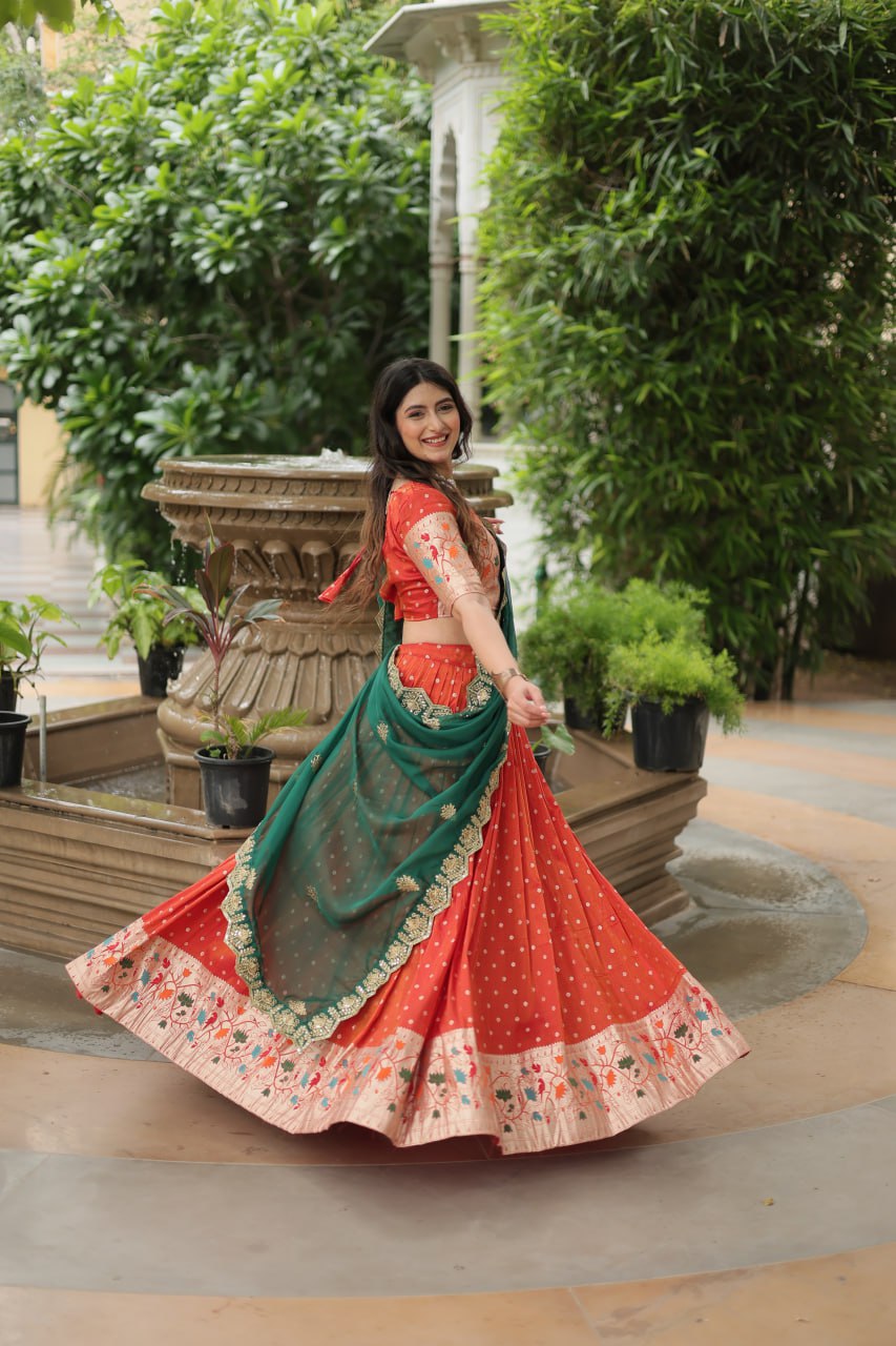 Trending Cosmos Jacquard Lehenga Choli With Russian Silk Embroidered Dupatta ✨