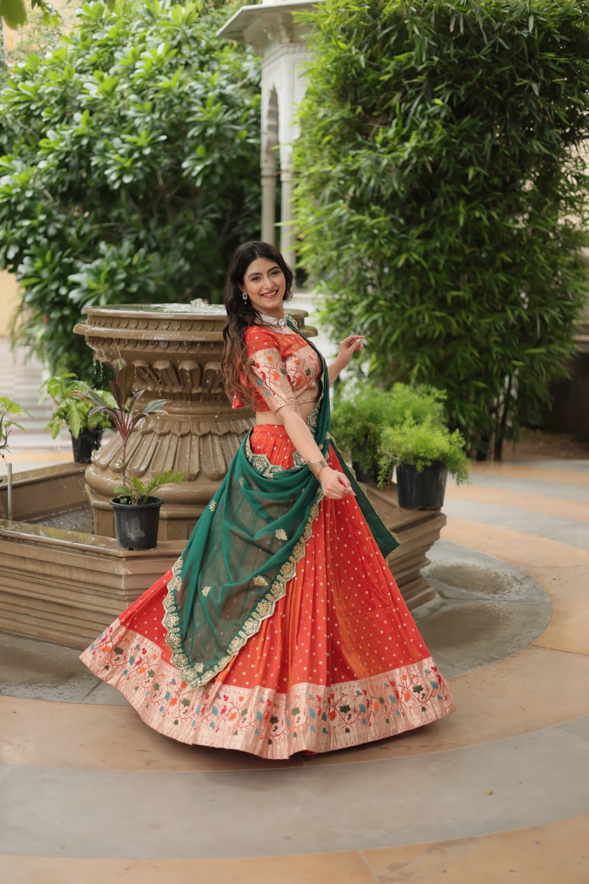 Trending Cosmos Jacquard Lehenga Choli With Russian Silk Embroidered Dupatta ✨