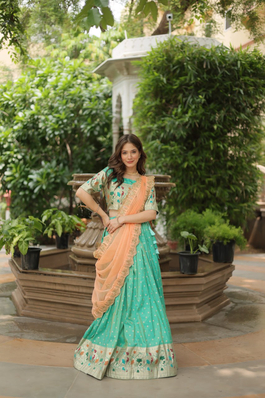 Trending Cosmos Jacquard Lehenga Choli With Russian Silk Embroidered Dupatta ✨