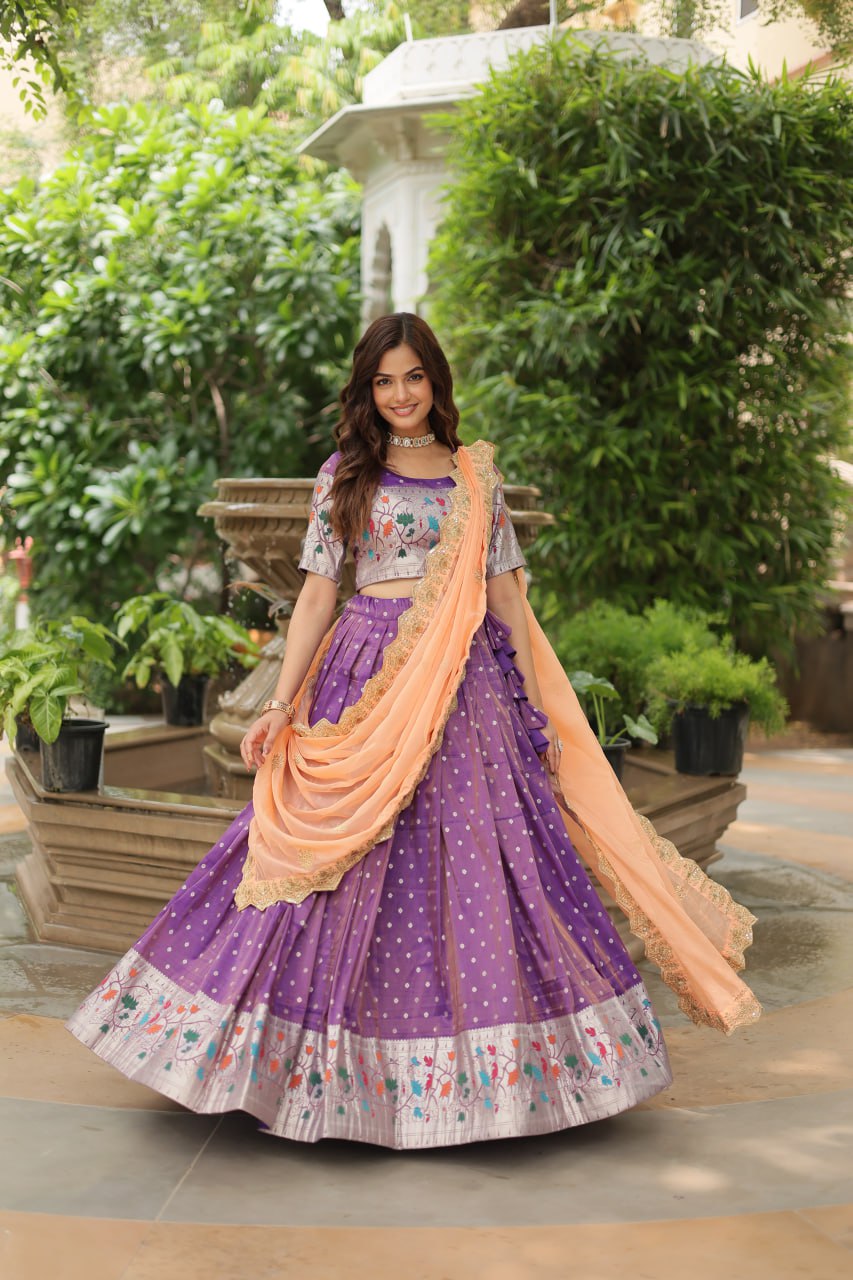 Trending Cosmos Jacquard Lehenga Choli With Russian Silk Embroidered Dupatta ✨