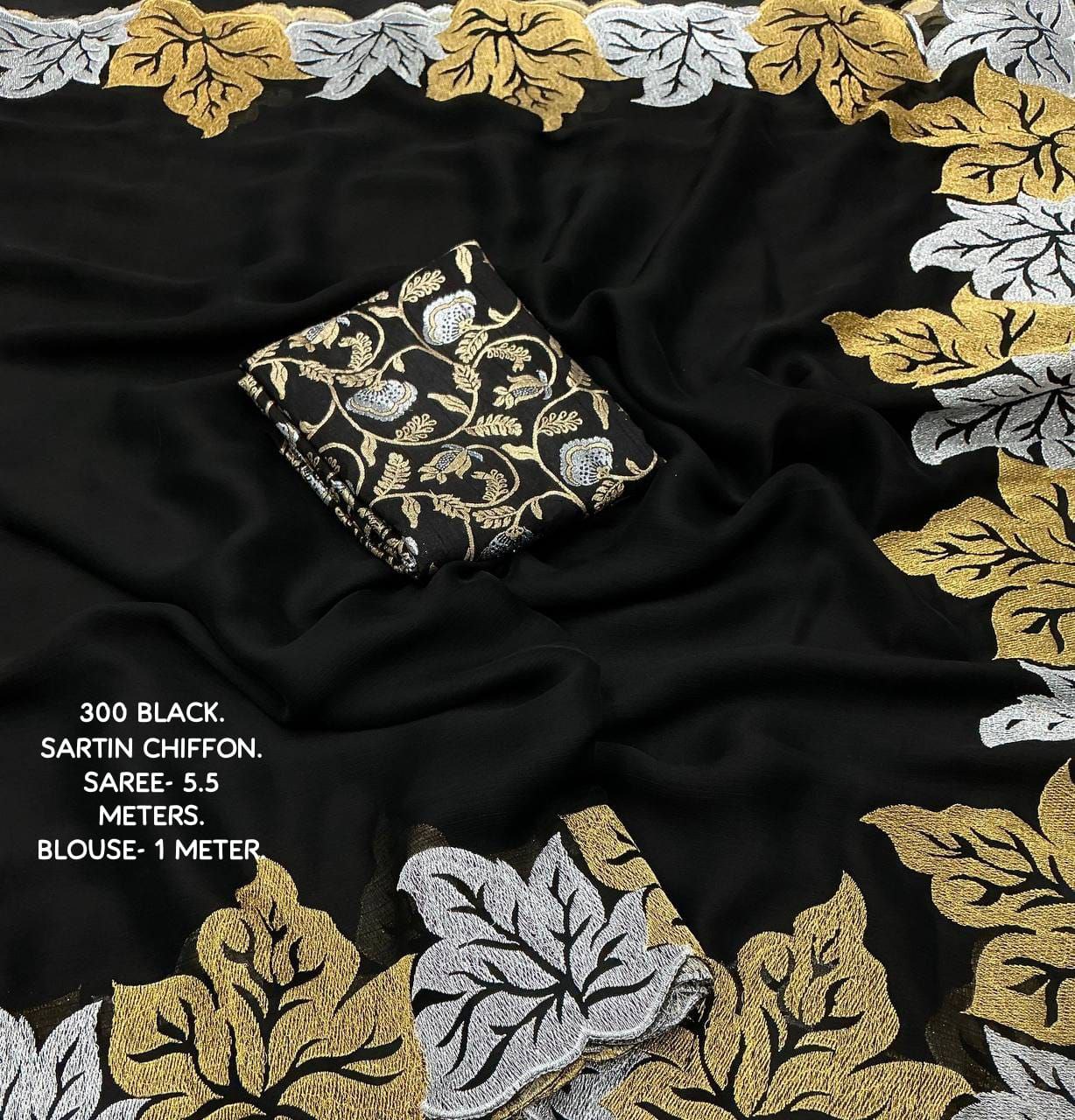 Elegant Black Satin Chiffon Saree with Embroidered Leaf Design and Banarasi Silk Blouse