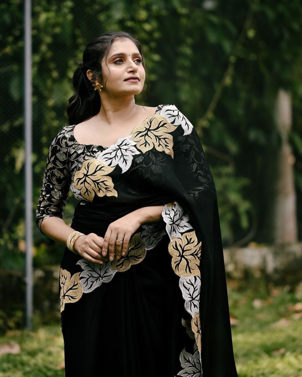 Elegant Black Satin Chiffon Saree with Embroidered Leaf Design and Banarasi Silk Blouse