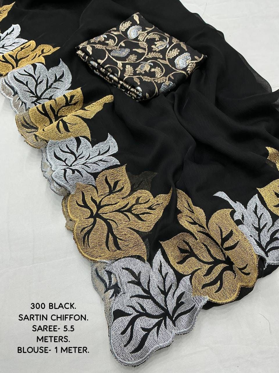 Elegant Black Satin Chiffon Saree with Embroidered Leaf Design and Banarasi Silk Blouse