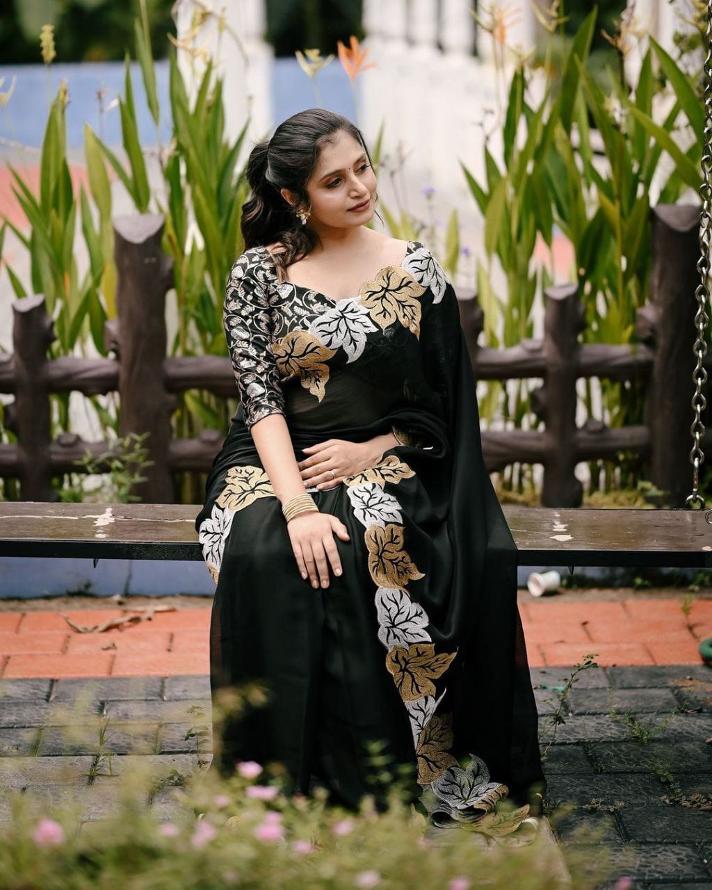 Elegant Black Satin Chiffon Saree with Embroidered Leaf Design and Banarasi Silk Blouse