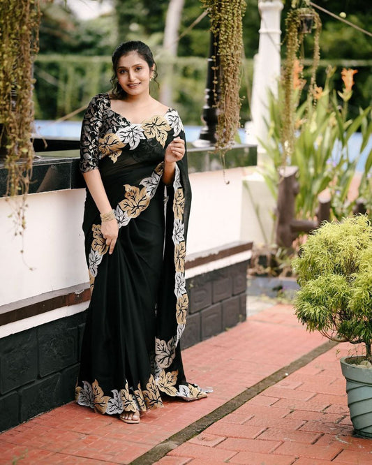 Elegant Black Satin Chiffon Saree with Embroidered Leaf Design and Banarasi Silk Blouse