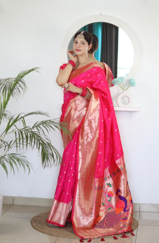 Elegant Soft Paithani Silk Saree with Zari Weaving Motifs & Rich Meenakari Pallu