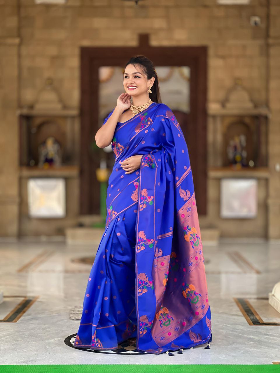 Soft Paithani Silk Saree with Gold Zari & Meenakari Weaving, Rich Peacock Pallu & Tassel