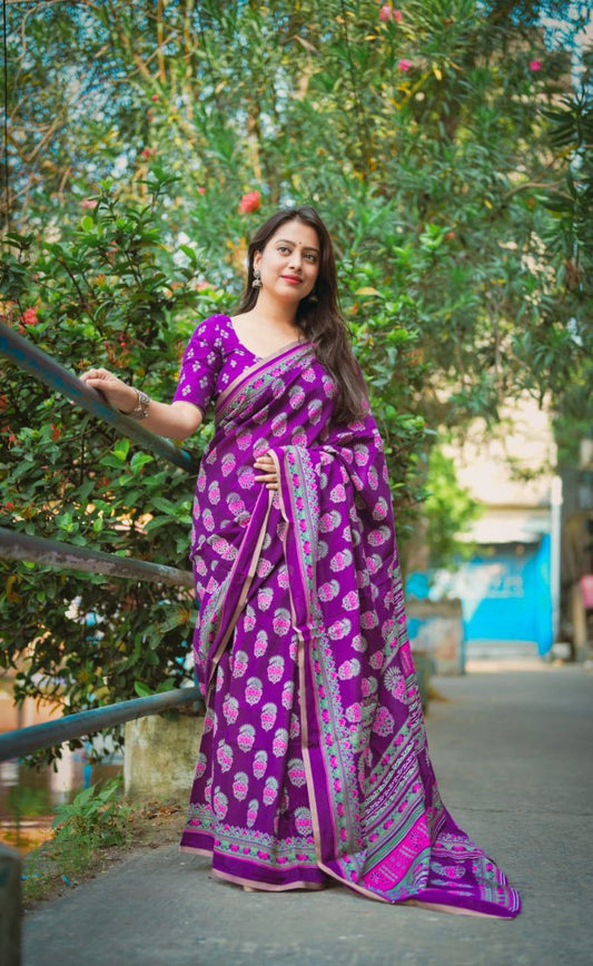 Elegant Lavender Ajrakh Printed Soft Cotton Saree with Zari Border