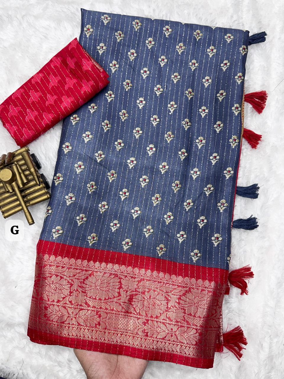 Elegant Printed Muslin Cotton Saree with Zari Jacquard Border and Tassels