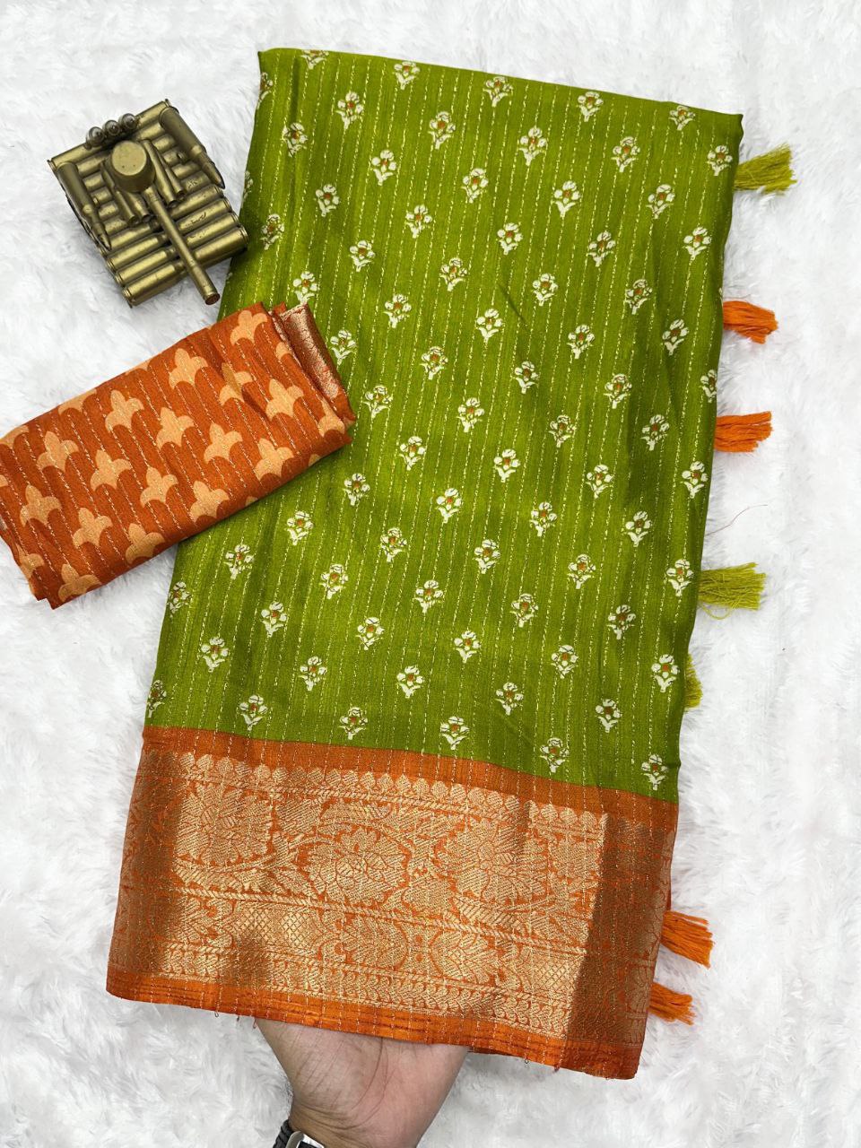 Elegant Printed Muslin Cotton Saree with Zari Jacquard Border and Tassels