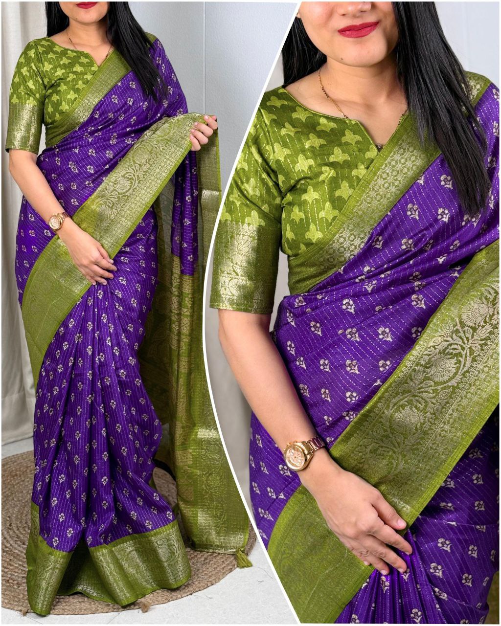 Elegant Printed Muslin Cotton Saree with Zari Jacquard Border and Tassels