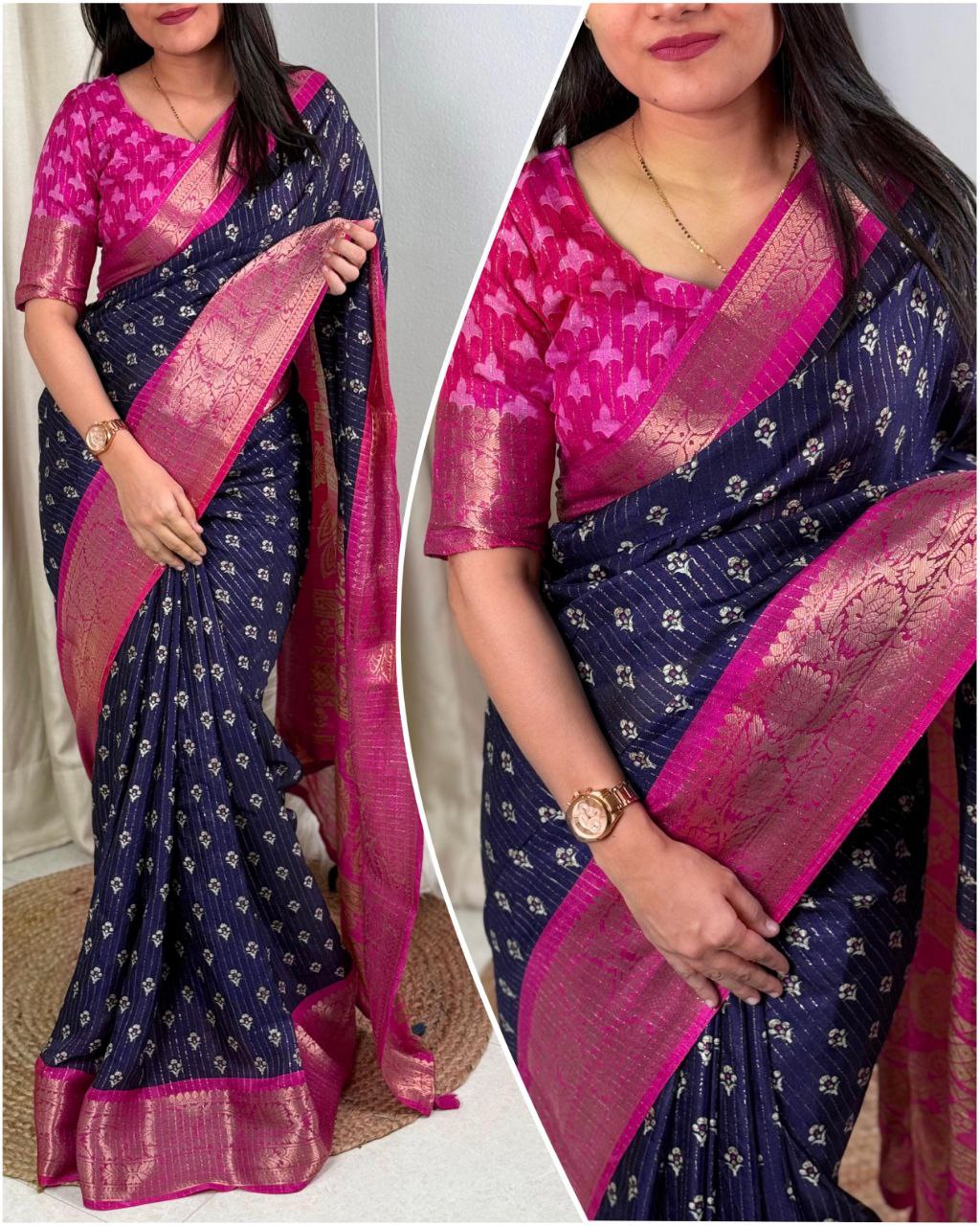 Elegant Printed Muslin Cotton Saree with Zari Jacquard Border and Tassels