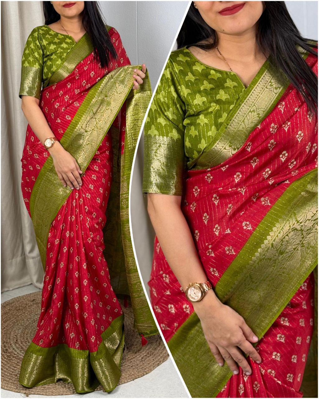 Elegant Printed Muslin Cotton Saree with Zari Jacquard Border and Tassels