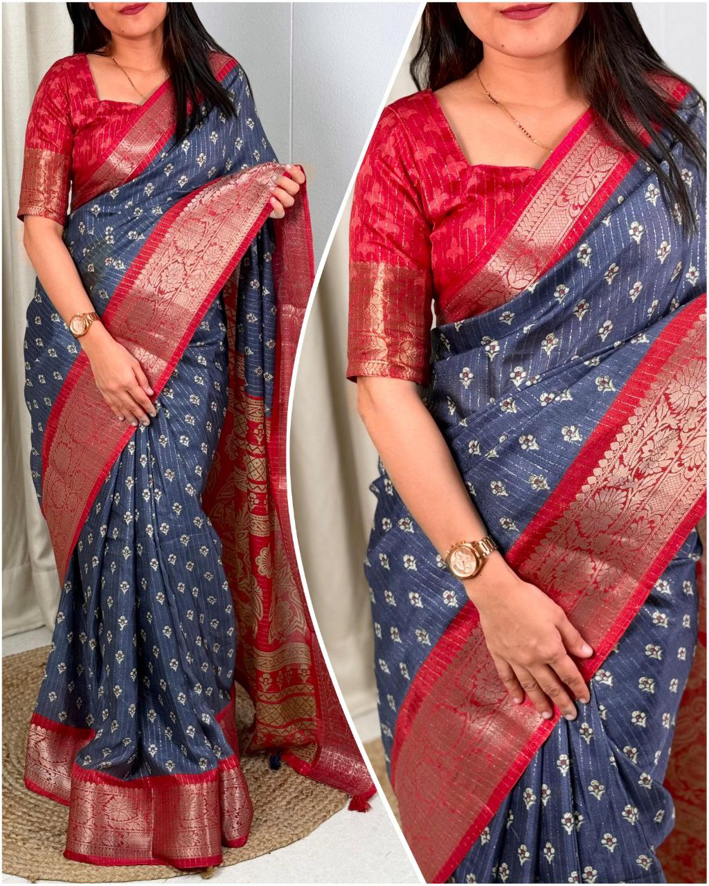 Elegant Printed Muslin Cotton Saree with Zari Jacquard Border and Tassels