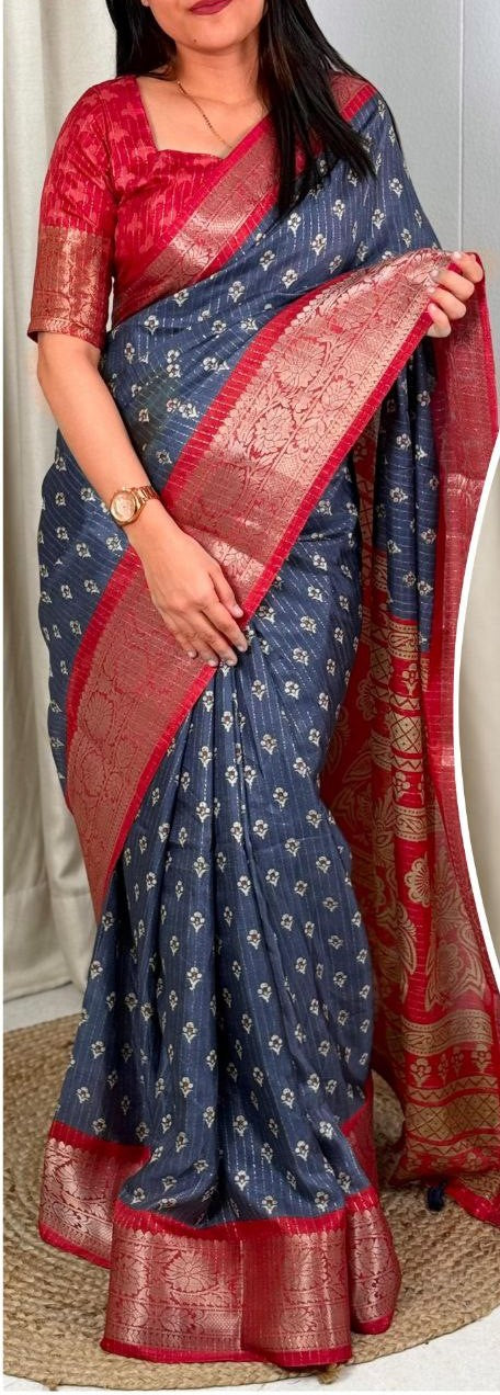 Elegant Printed Muslin Cotton Saree with Zari Jacquard Border and Tassels