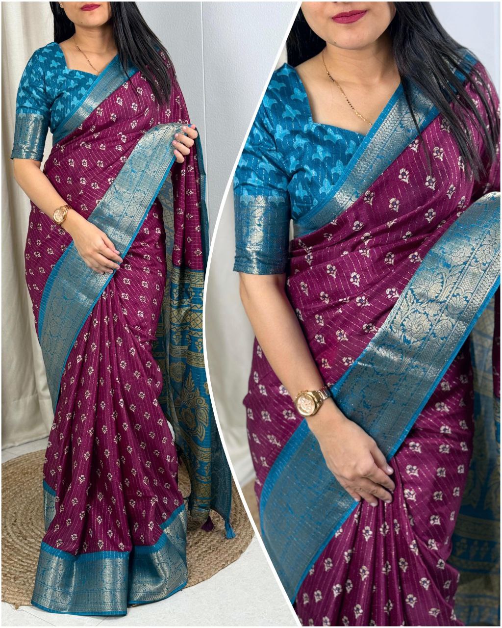 Elegant Printed Muslin Cotton Saree with Zari Jacquard Border and Tassels