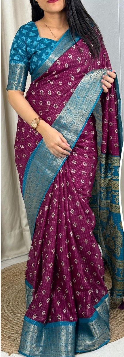 Elegant Printed Muslin Cotton Saree with Zari Jacquard Border and Tassels