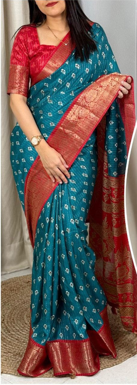 Elegant Printed Muslin Cotton Saree with Zari Jacquard Border and Tassels