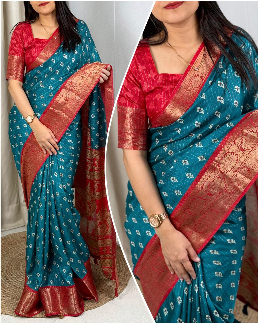 Elegant Printed Muslin Cotton Saree with Zari Jacquard Border and Tassels