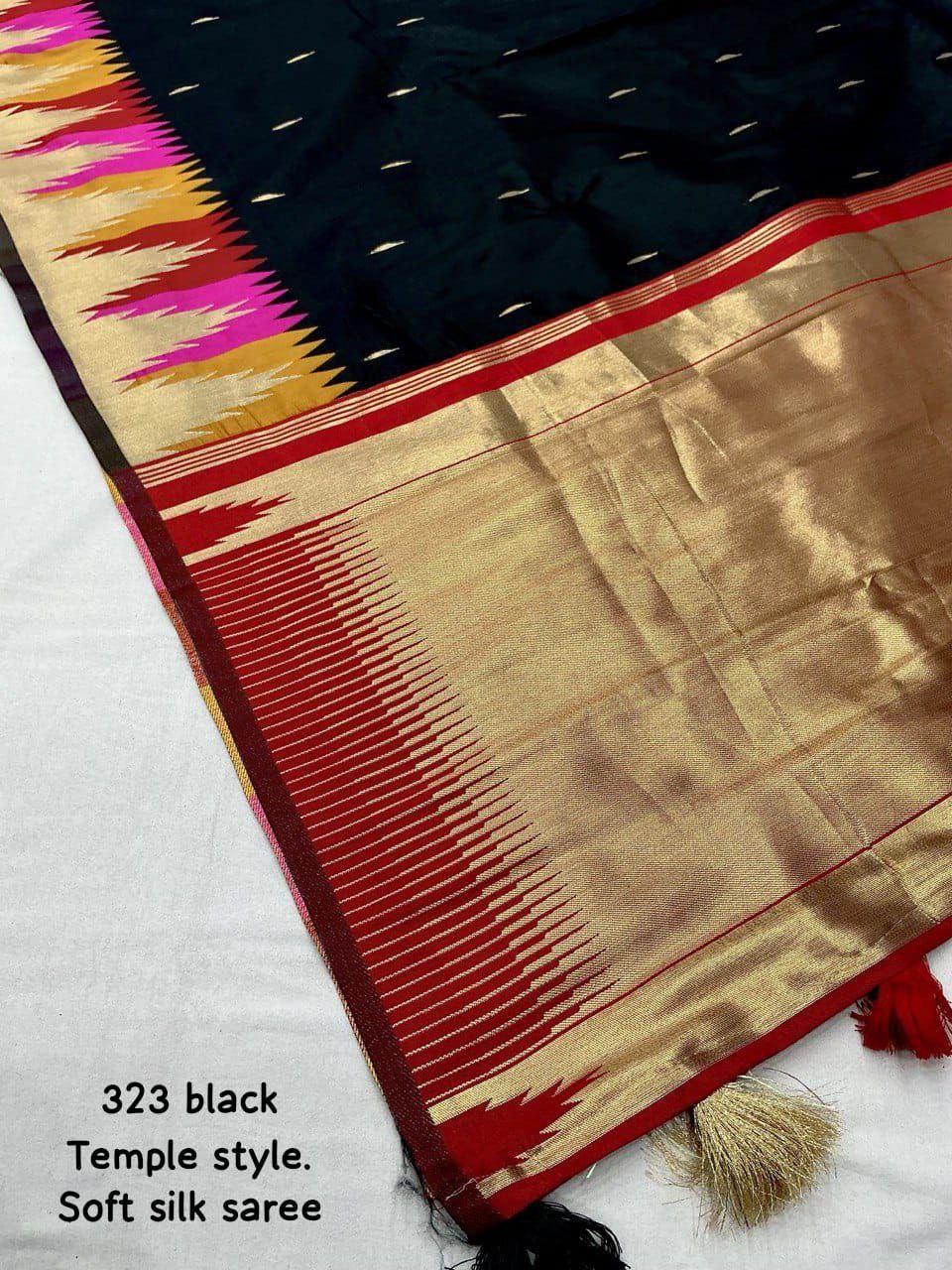 Black Colour Soft Silk Saree with Temple Woven Design & Maroon Blouse