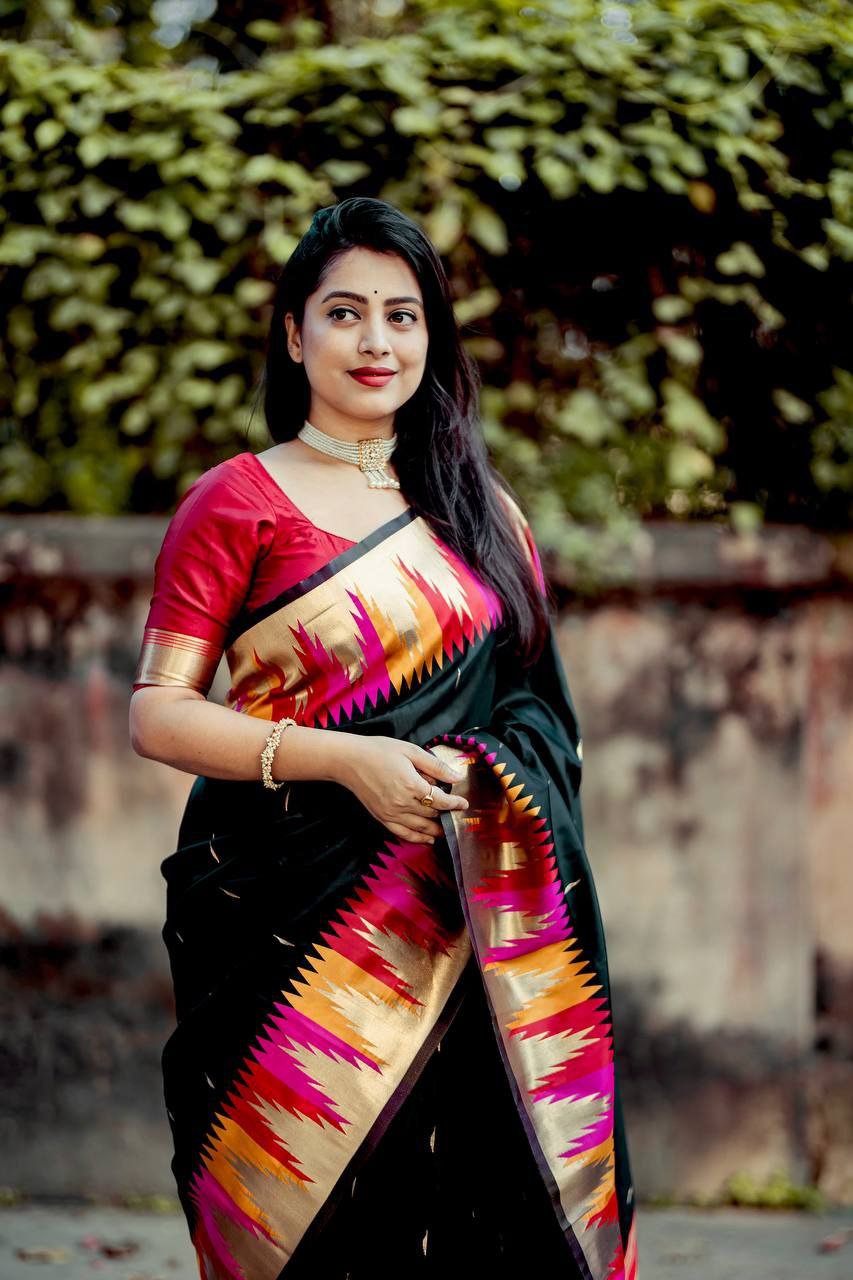 Black Colour Soft Silk Saree with Temple Woven Design & Maroon Blouse