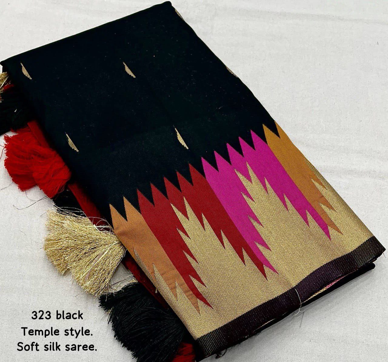 Black Colour Soft Silk Saree with Temple Woven Design & Maroon Blouse