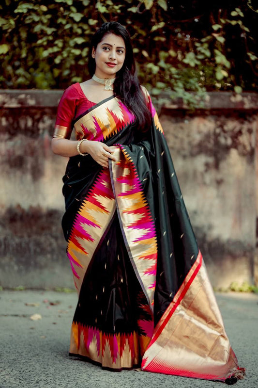 Black Colour Soft Silk Saree with Temple Woven Design & Maroon Blouse