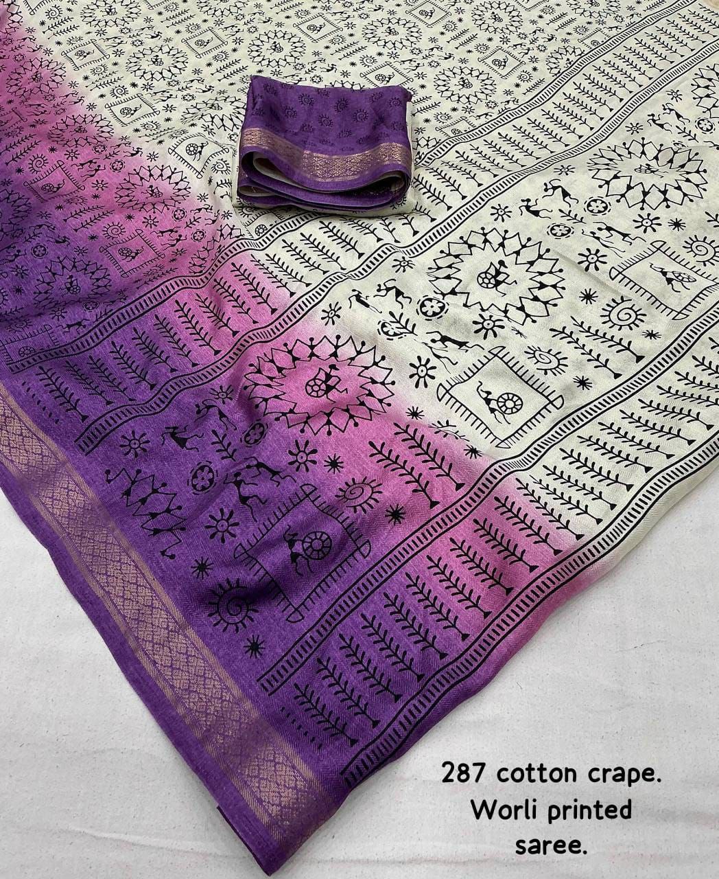 New Fancy Worli Cotton Crape Saree with Zari Woven Pattu Border