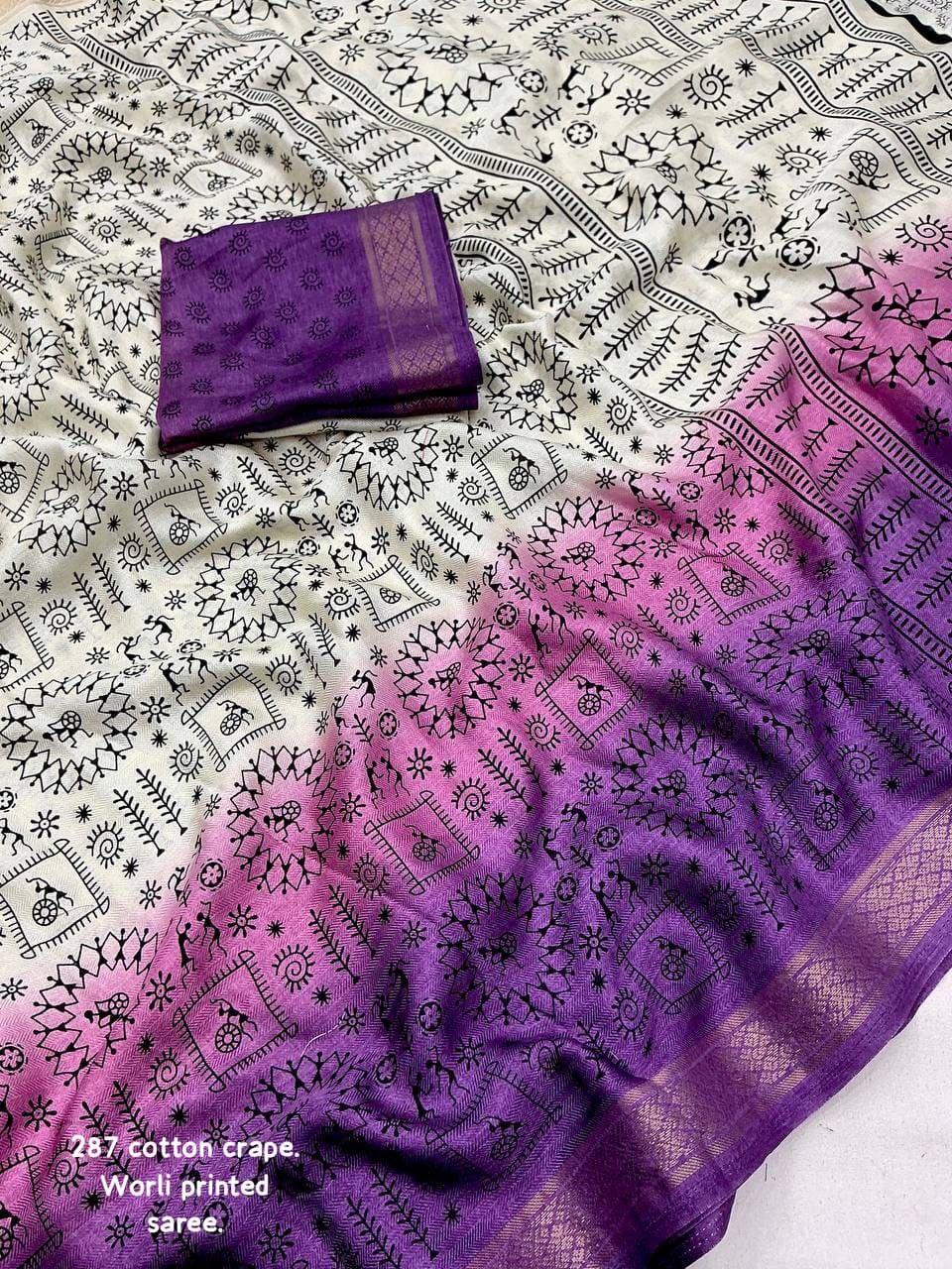 New Fancy Worli Cotton Crape Saree with Zari Woven Pattu Border