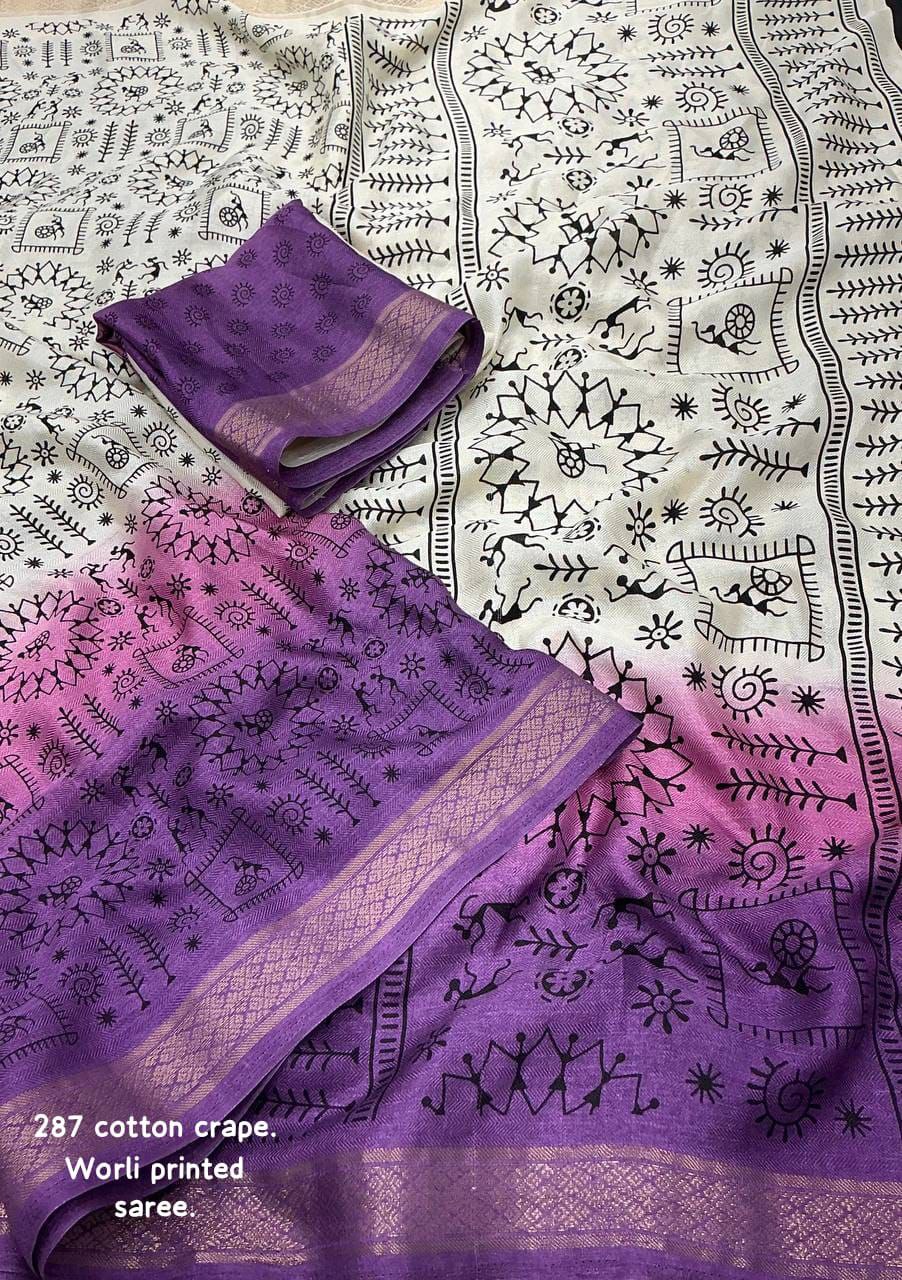 New Fancy Worli Cotton Crape Saree with Zari Woven Pattu Border