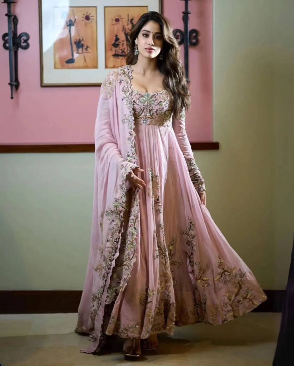 Janhvi Kapoor Inspired Fox Georgette Embroidered Gown with Dupatta & Pant