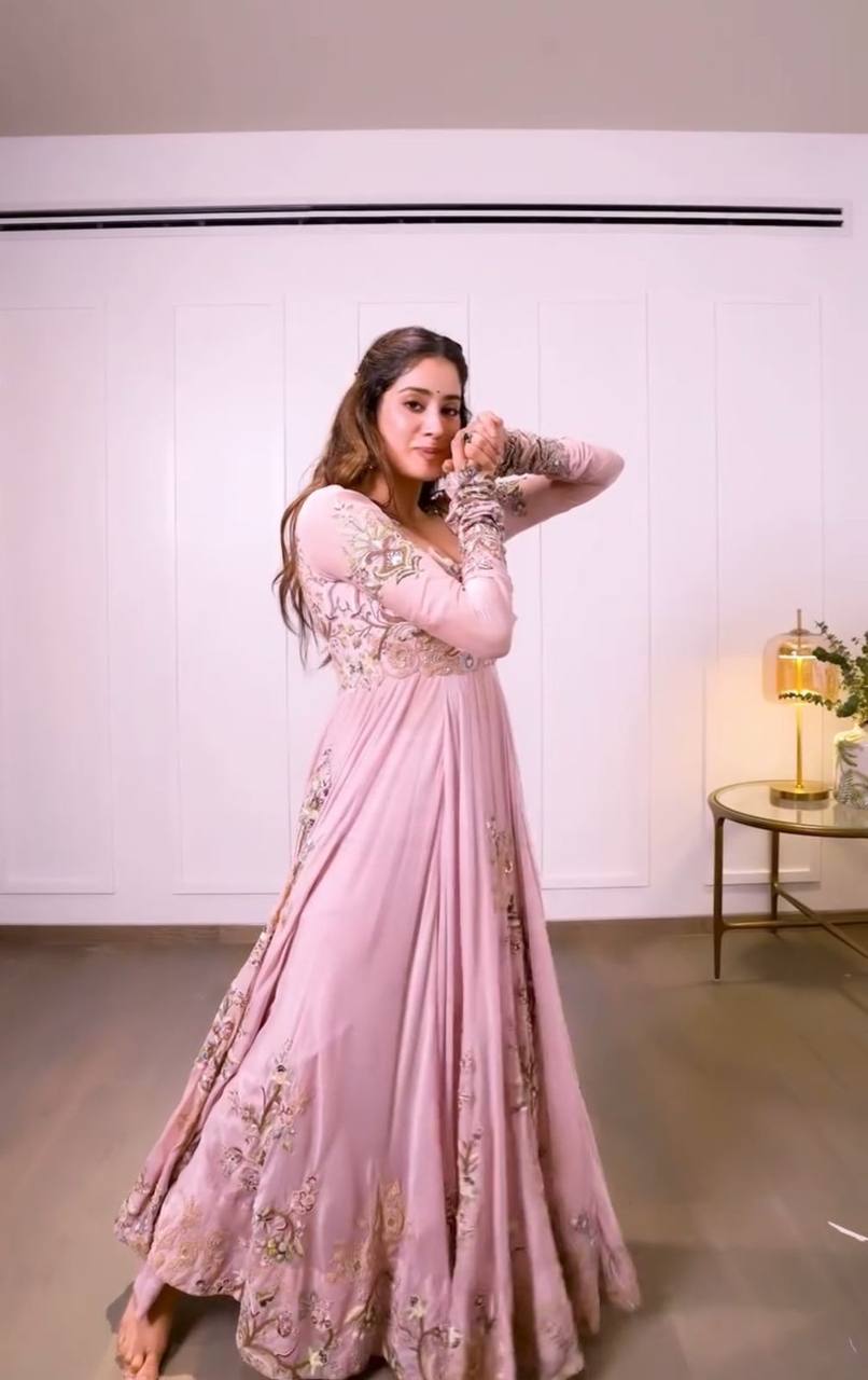 Janhvi Kapoor Inspired Fox Georgette Embroidered Gown with Dupatta & Pant