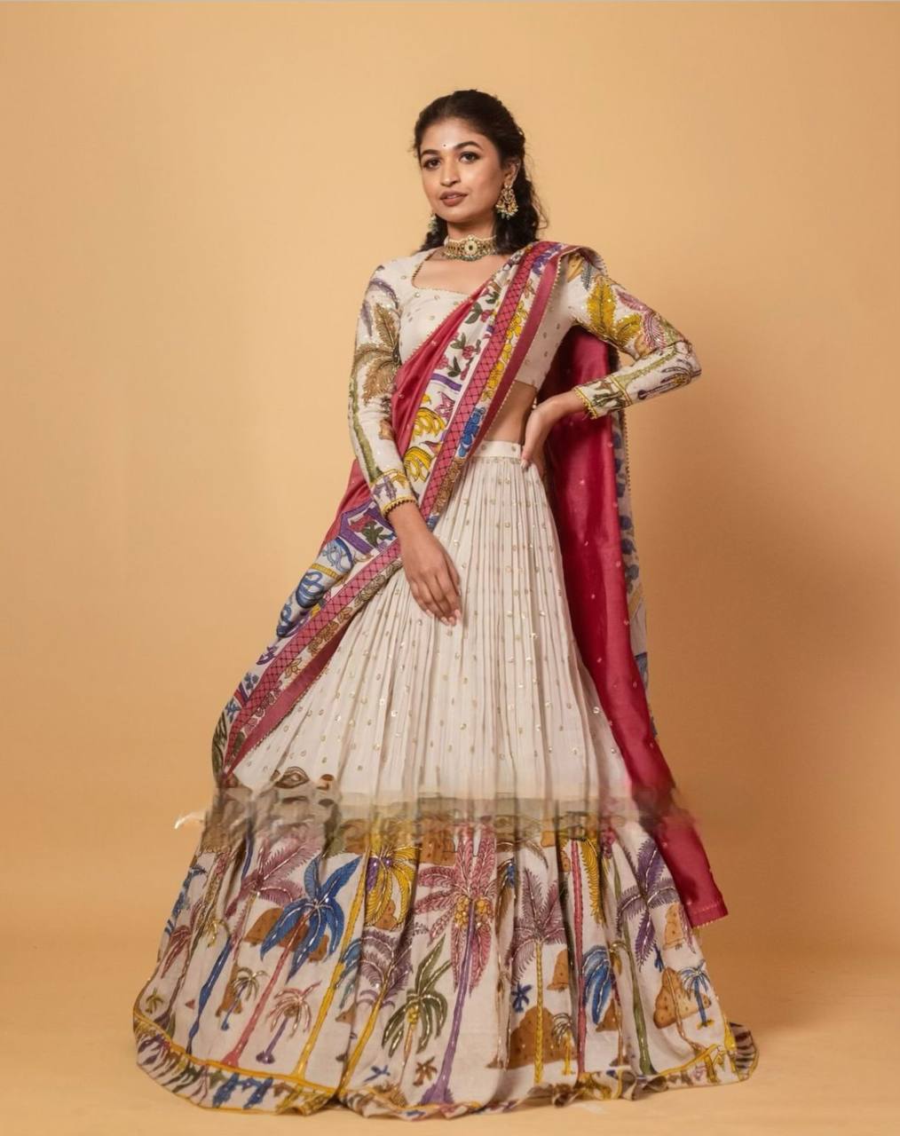 Premium Kalamkari Print Chent Crepe Lehenga Choli Set with Dupatta