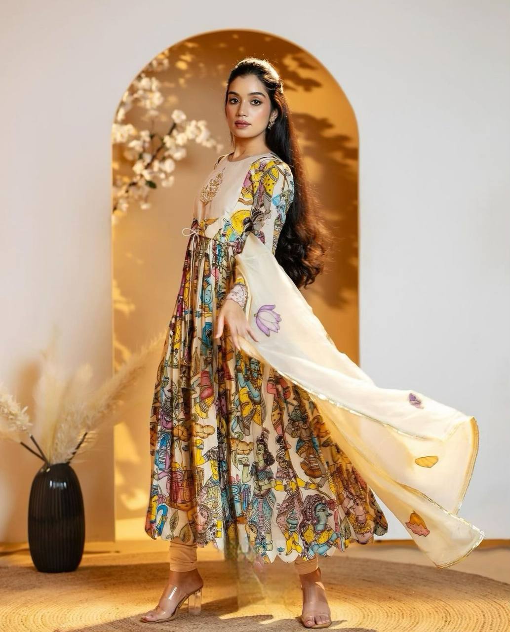 Kalamkari Handwork Chent Crepe Gown with Fox Georgette Dupatta (Fully Stitched)